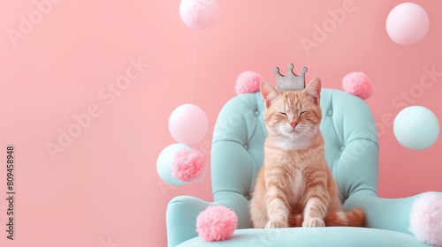 The greatest queen of cat with a crown on her head, sits importantly and with dignity on a soft blue throne with copy space photo