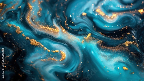 Background with a blue and black abstract painting with gold glitter and fluid art.