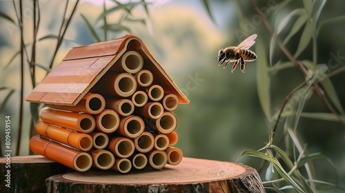 A bee flies into a bee eco-house made of bamboo tubes