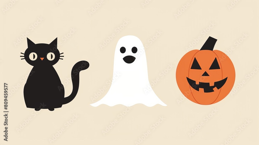 A chic, minimalist set of Halloween icons including a black cat, a ghost, and a full moon, styled in flat design, perfect for modern holiday invitations or minimalist decor A chic, minimalist set of Halloween icons including a black cat, a ghost, and a full moon, styled in flat design, perfect for modern holiday invitations or minimalist decor