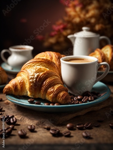 Yummy French croissant with a cup of Americano coffee  cinematic drink food photography 