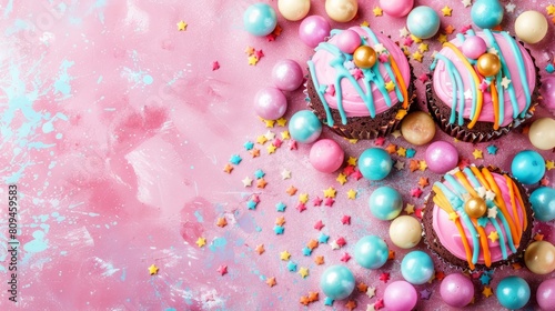  Cupcakes, each topped with frosting and colorful sprinkles, sit against a vibrant pink backdrop adorned with confetti and additional sprinkles