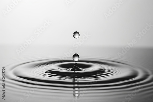 A single, perfect drop of water creating ripples on a serene, flat surface, captured in high resolution to emphasize minimalism and purity