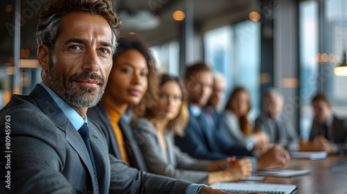 Confident Manager Leads Engaged Team Presentation in Bright Airy Office with City Skyline