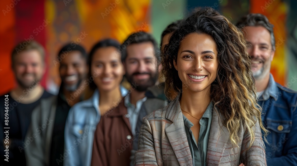Diverse Group of Smiling Men and Women Posing Together in a Colorful and Friendly Office Setting Diverse Group of Smiling Men and Women Posing Together in a Colorful and Friendly Office Setting