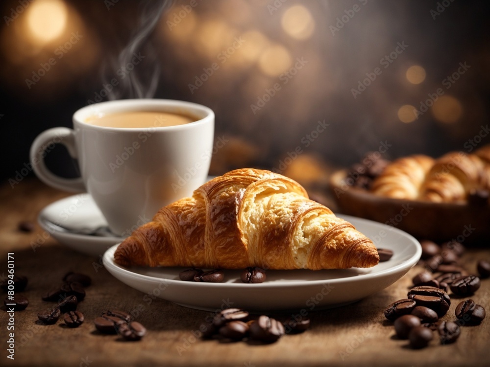 Yummy French croissant with a cup of Americano coffee, cinematic drink food photography Yummy French croissant with a cup of Americano coffee, cinematic drink food photography