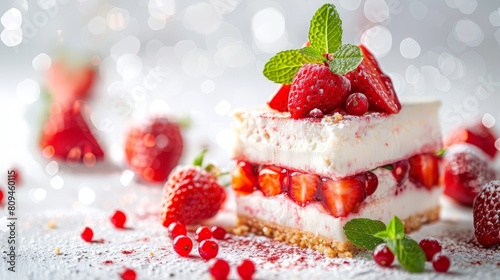   Close-up of a cake topped with strawberries and raspberries