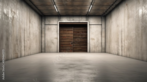 3d rendering of empty warehouse room with wooden wall and floor.
