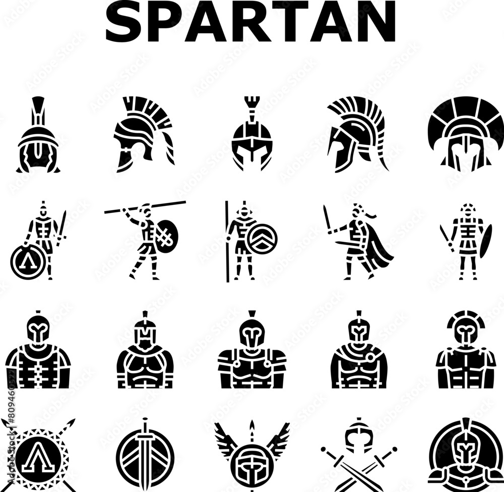 Fototapeta premium spartan warrior helmet roman icons set vector. soldier sparta, battle armor, gladiator head, greek ancient, knight spartan warrior helmet roman glyph pictogram Illustrations