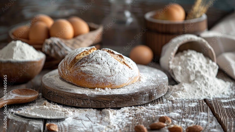 Organic homemade bread and flour displayed on a wooden surface Organic homemade bread and flour displayed on a wooden surface