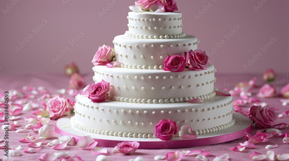 A three-tiered wedding cake adorned with pink roses atop a pink tablecloth, surrounded by petals A three-tiered wedding cake adorned with pink roses atop a pink tablecloth, surrounded by petals