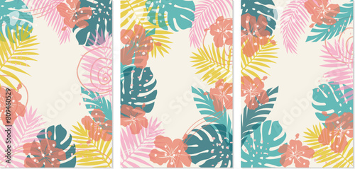 Set of abstract summer backgrounds with tropical leaves and flowers with overlay effect. Cover for web banner, social media banner template, postcards, invitations. Summer vacation concept.Beach theme