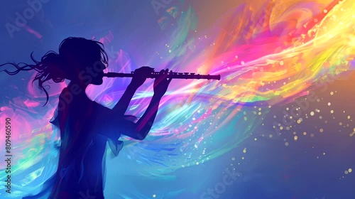A Flutist silhouette with colorful aura, spiritual music. Anime or digital painting style, looping 4k video animation background