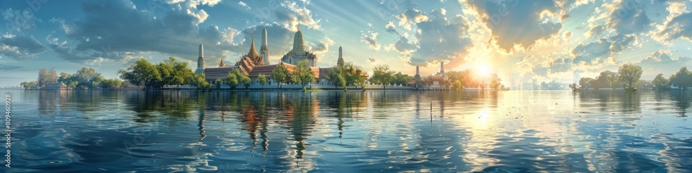Majestic Wat Arun Temple Glowing in the Golden Sunset Over the Serene Bangkok Skyline