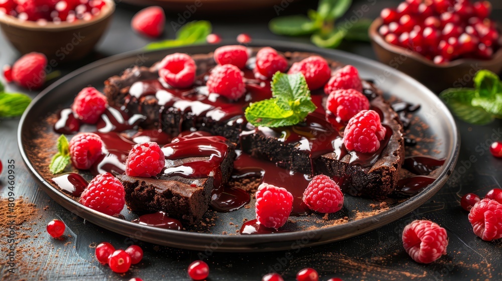 A chocolate cake slice topped with raspberries and a sprig of mint sits on a plate Nearby, a bowl holds additional raspberries A chocolate cake slice topped with raspberries and a sprig of mint sits on a plate Nearby, a bowl holds additional raspberries