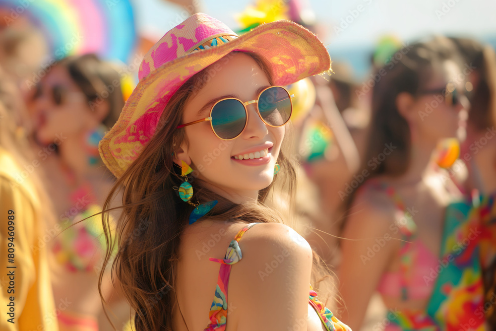 A cheerful young woman in festive attire and face paint, enjoying a sunny outdoor festival A cheerful young woman in festive attire and face paint, enjoying a sunny outdoor festival