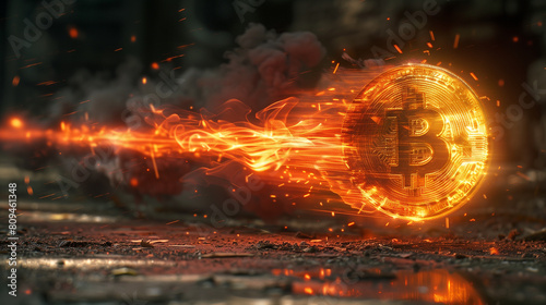 Golden bitcoin coin up with smoke and fire. Bitcoin Gold and Cash lightning blockchain hard work concept on dark background