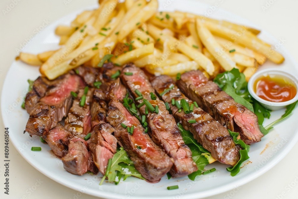 Delicious Air-Fried Steak and Fries with Fresh Greens and Chives