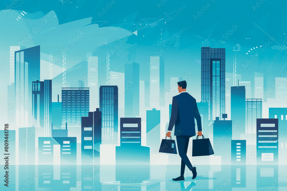Flat vector graphic of a businessman shopping for tech gadgets clean lines Flat vector graphic of a businessman shopping for tech gadgets clean lines