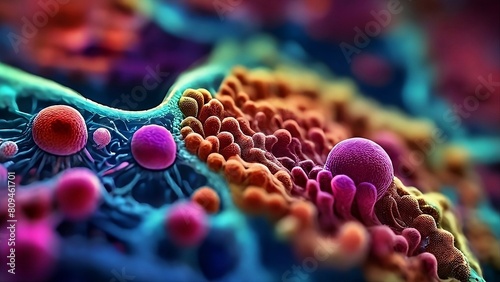 มุมมองของเซลล์แบคทีเรียด้วยกล้องจุลทรรศน์ มีรายละเอียดสูงและสมจริง เมื่อมองผ่านเลนส์กล้องจุลทรรศน์อันทรงพลัง พร้อมสีสันสดใสแสดงโครงสร้างของเซลล์