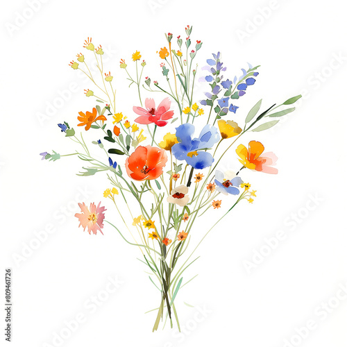 Watercolor Painting of a Bouquet of Wildflowers on Minimalistic White Background #2