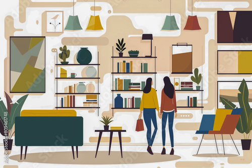 Flat vector graphic of a couple furniture shopping modern interior design store