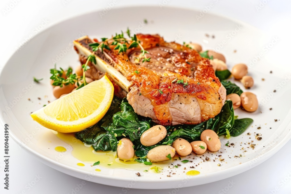 Zesty Lemon and Fresh Herbs on a Crispy Pork Chop with Spinach Zesty Lemon and Fresh Herbs on a Crispy Pork Chop with Spinach