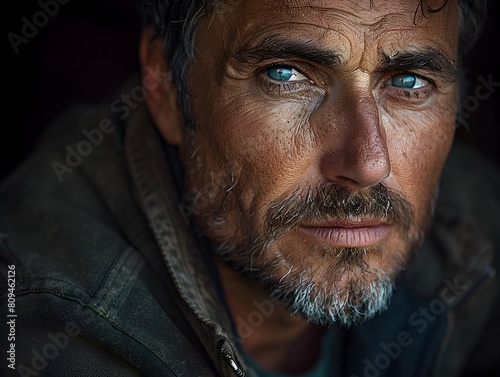 Weathered and Pensive Middle Aged Caucasian Man s Intense Emotive Portrait with Moody Sidelighting photo