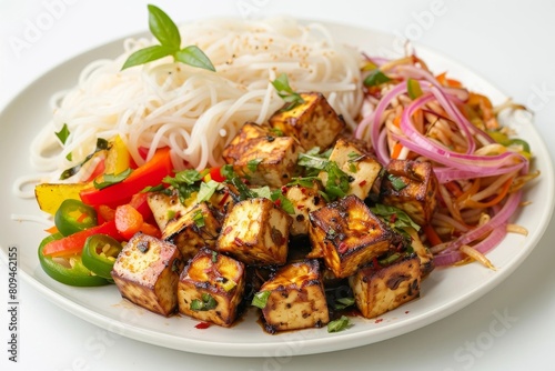 Colorful Tofu and Rice Noodles with Fresh Basil