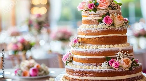  A multi-tiered wedding cake, adorned with flowers atop and bearing a few plates beside each tier