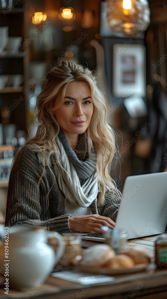 Mature Woman Confidently Completing Online Financial Transaction in Cozy Domestic Kitchen Setting Mature Woman Confidently Completing Online Financial Transaction in Cozy Domestic Kitchen Setting