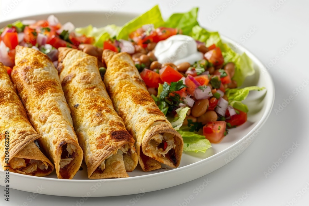 Colby Jack Chicken Taquitos with Charred Salsa and Refried Beans