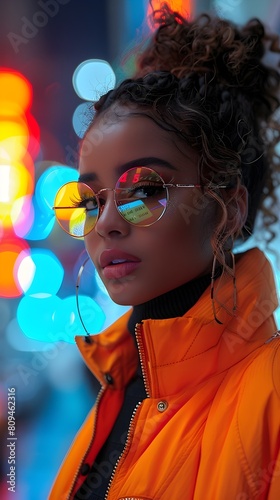 Young Woman Making Secure Online Payment on Laptop with Vibrant Urban Backdrop and Neon Lights