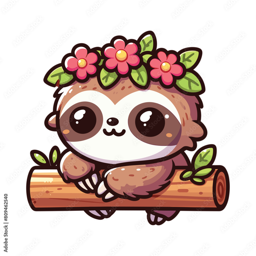 Fototapeta premium cute sloth cartoon on tree branch with flower crown cartoon vector icon illustration