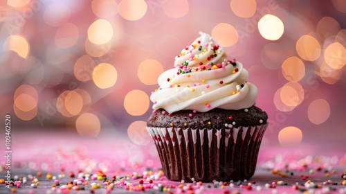  A pink cupcake topped with white frosting, sprinkles, and a bouquet of lights in the background