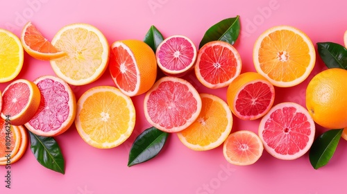   A collection of oranges and grapefruits  halved  against a pink backdrop with accompanying leafy greens