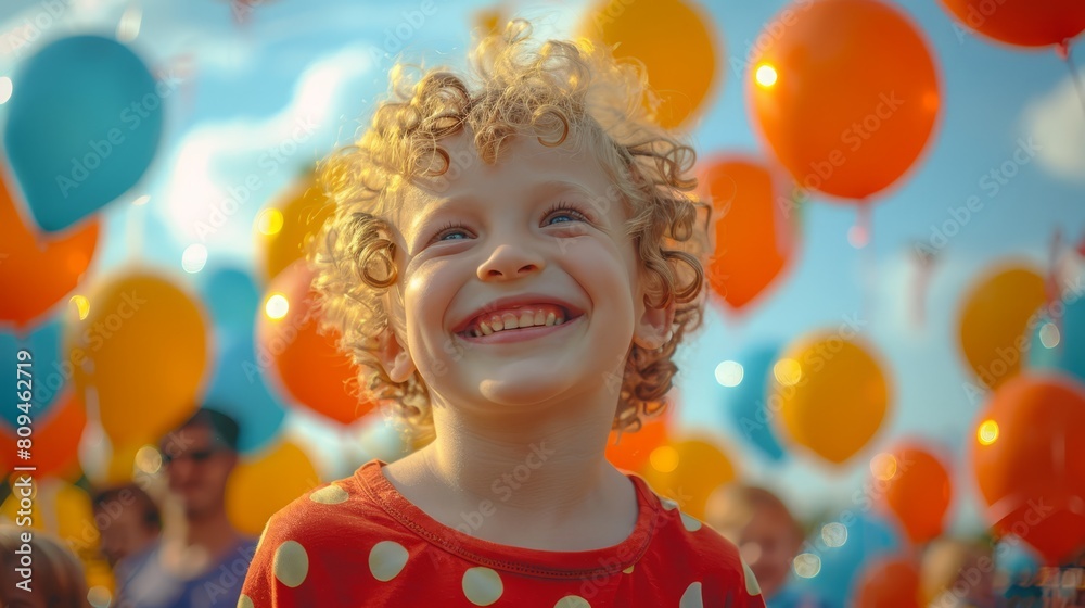   A young child with curly hair grins at the camera as a crowd of people, each holding balloons, smile in the background