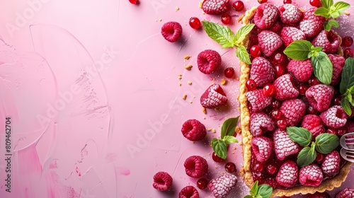   Raspberry tart on pink background, adorned with mint leaves and ripe raspberries ..Or, if you prefer a more succinct version