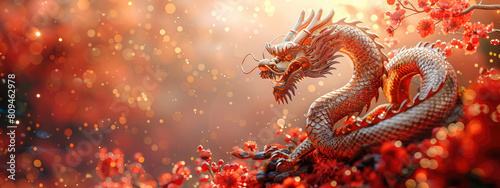 A golden dragon with red and gold background elements, surrounded by fire particles, smoke effects, and a Chinese New Year atmosphere. Created with Ai © 360Degree