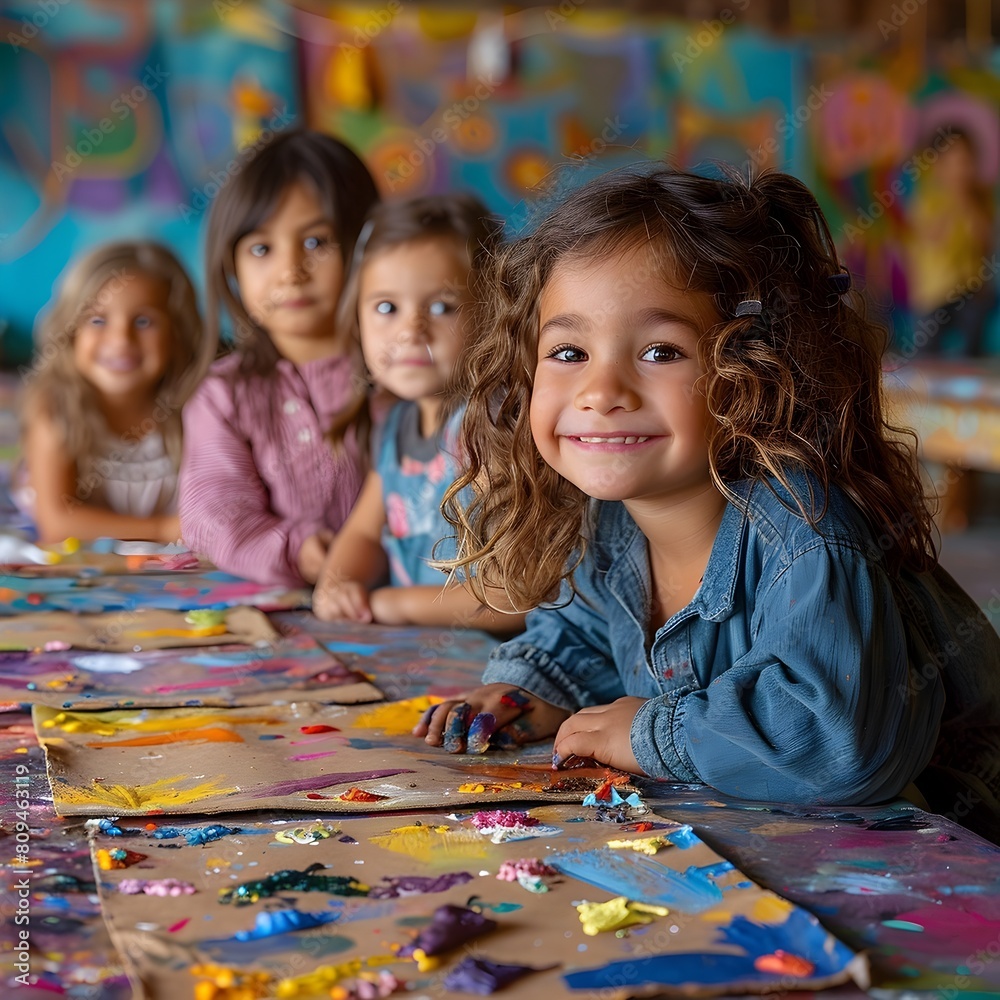 Children Collaborating on Vibrant Art Projects in Cheerful Community Setting