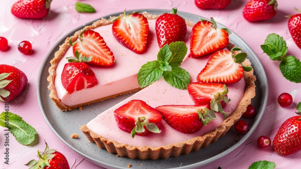 A pie with a missing slice, garnished with strawberries and mint leaves, atop a pink surface A pie with a missing slice, garnished with strawberries and mint leaves, atop a pink surface