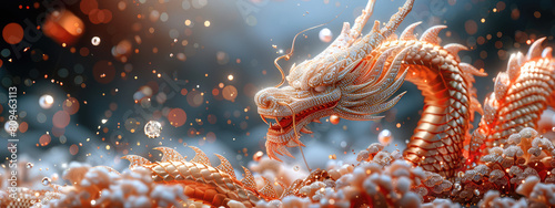  Chinese dragon made of water, realistic photography style, red background, water droplets flowing down the body and head. Created with Ai photo