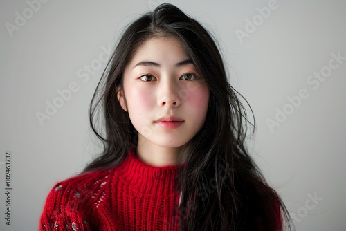 American beauty, facing forward, Red, Hyper Realistic Photograph Studio White Background of a Super cute 18 year old Japanese girl portrait photograph shot