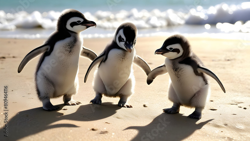 Adorable baby penguins are hanging out at the beach, AI generated