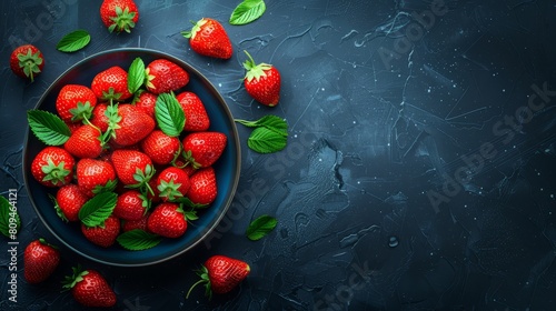  A dark backdrop showcases a bowl filled with vibrant red strawberries and their green foliage Droplets of water gracefully cling to the rim