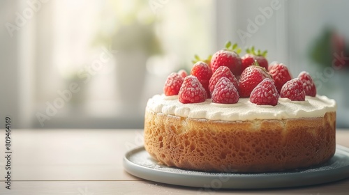   A tight shot of a cake on a plate  adorned with strawberries atop  and a window visible in the background