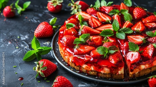  A tight shot of a cake on a dark table, adorned with strawberries and mint sprigs atop the plate