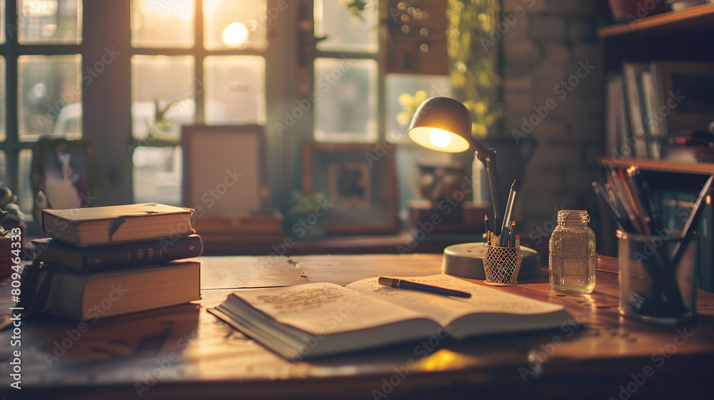 Simple style, with a wooden top and a book on the side, creating a warm learning and working atmosphere Simple style, with a wooden top and a book on the side, creating a warm learning and working atmosphere
