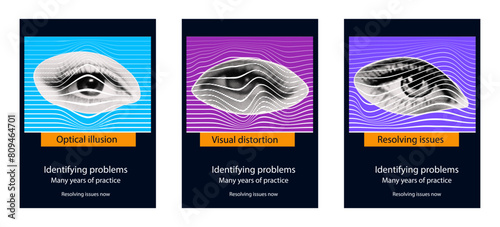 Optical illusion of the eyes, vision distortion, identifying problems, poster. Contemporary collage art, visual distortion concept, visual impairment. Female eye, wavy abstract shapes. Vector halftone