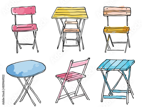 Handdrawn colorful folding chairs tables, sketchy illustration, pink yellow blue furniture. Casual outdoor seating design elements, simple bistro set doodles. Portable beach patio furniture, vibrant